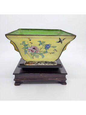 Vintage Chinese Enamel Jardinier on Wood Stand - Floral & Bird Motif